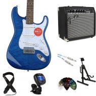 Squier Affinity Series Stratocaster QMT Electric Guitar and Fender Frontman 20G Amp Bundle - Saphhire Blue Transparent, Sweetwater Exclusive