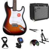 Squier Affinity Series Stratocaster Electric Guitar and Fender Frontman 20G Amp Essentials Bundle - 3-Color Sunburst