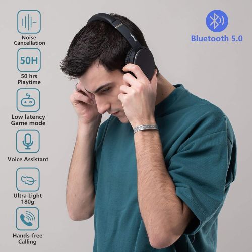  Noise Cancelling Headphones Real Over Ear,Wireless Lightweight Srhythm Durable Foldable Deep Bass Hi-Fi Stereo Bluetooth Headset with Mic and Wire for TV, PC, Cell Phone- Low Laten