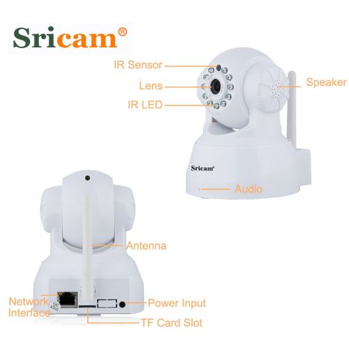  Sricam 4332027141 SP012 Wireless IP Security Camera Pan Tilt 720P WiFi Network P2P App Support Onvif Night Vision 2 Way Audio, White