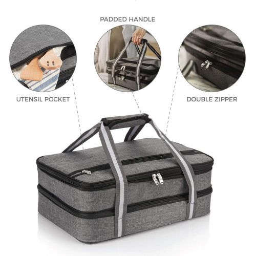  [아마존베스트]Stack Store Plus More Insulated Expandable Double Casserole Carrier and Lasagna Holder for Picnic Potluck Beach Day Trip Camping Hiking - Hot and Cold Thermal Bag in Gray  Tote can hold 11 x 15 or 9 x