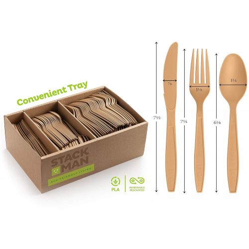  Stack Man Disposable Cutlery Set [360 Pack] 100% Compostable Plastic Silverware, Large Premium Heavy-Duty Flatware Utensils Eco Friendly BPi Certified, 7.5 Inch, Natural Wood Color