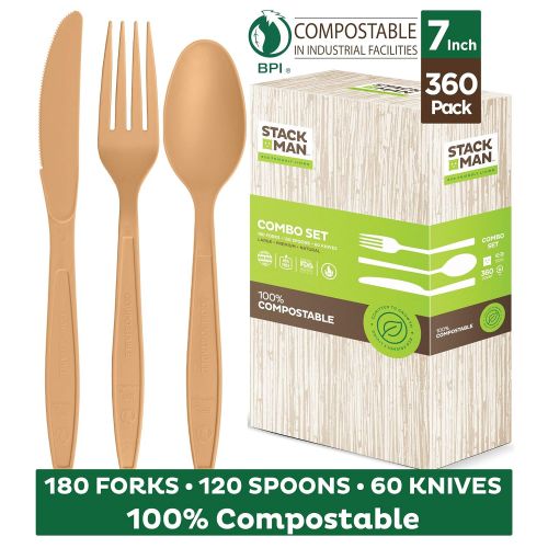  Stack Man Disposable Cutlery Set [360 Pack] 100% Compostable Plastic Silverware, Large Premium Heavy-Duty Flatware Utensils Eco Friendly BPi Certified, 7.5 Inch, Natural Wood Color