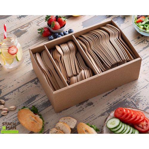  Stack Man Disposable Cutlery Set [360 Pack] 100% Compostable Plastic Silverware, Large Premium Heavy-Duty Flatware Utensils Eco Friendly BPi Certified, 7.5 Inch, Natural Wood Color