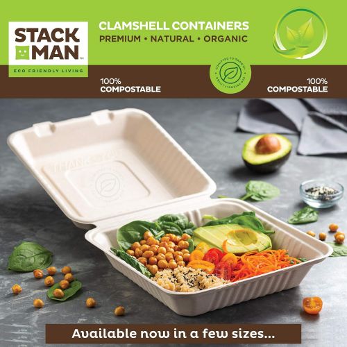  Stack Man 100% Compostable Square Paper Plates [8x8 inch - 50-Pack] Elegant Disposable Plates Heavy-Duty Quality, Natural Bagasse Unbleached, Eco-Friendly Made of Sugar Cane Fibers, 8 Biodeg