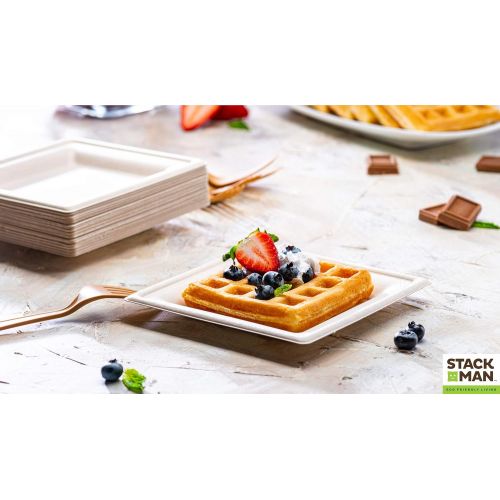  Stack Man 100% Compostable Square Paper Plates [8x8 inch - 50-Pack] Elegant Disposable Plates Heavy-Duty Quality, Natural Bagasse Unbleached, Eco-Friendly Made of Sugar Cane Fibers, 8 Biodeg