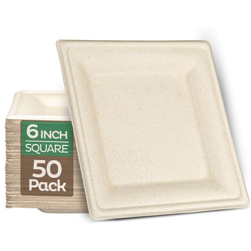  Stack Man 100% Compostable Square Paper Plates [8x8 inch - 50-Pack] Elegant Disposable Plates Heavy-Duty Quality, Natural Bagasse Unbleached, Eco-Friendly Made of Sugar Cane Fibers, 8 Biodeg