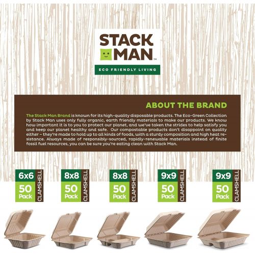  Stack Man 100% Compostable Square Paper Plates [8x8 inch - 50-Pack] Elegant Disposable Plates Heavy-Duty Quality, Natural Bagasse Unbleached, Eco-Friendly Made of Sugar Cane Fibers, 8 Biodeg