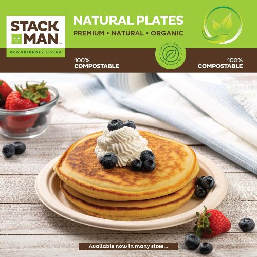  Stack Man 100% Compostable Square Paper Plates [8x8 inch - 50-Pack] Elegant Disposable Plates Heavy-Duty Quality, Natural Bagasse Unbleached, Eco-Friendly Made of Sugar Cane Fibers, 8 Biodeg