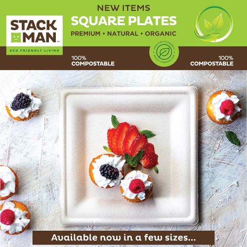  Stack Man 100% Compostable Square Paper Plates [8x8 inch - 50-Pack] Elegant Disposable Plates Heavy-Duty Quality, Natural Bagasse Unbleached, Eco-Friendly Made of Sugar Cane Fibers, 8 Biodeg