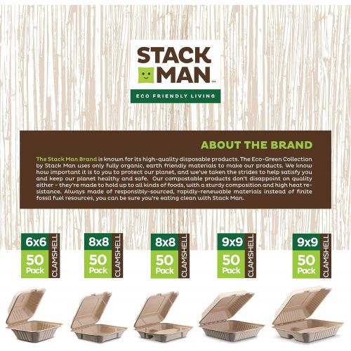  Stack Man 100% Compostable Square Paper Plates [6x6 inch - 50-Pack] Elegant Disposable Plates Heavy-Duty Quality, Natural Bagasse Unbleached, Eco-Friendly Made of Sugar Cane Fibers, 6 Biodeg