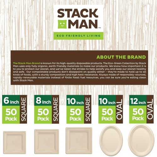  Stack Man 100% Compostable Square Paper Plates [6x6 inch - 50-Pack] Elegant Disposable Plates Heavy-Duty Quality, Natural Bagasse Unbleached, Eco-Friendly Made of Sugar Cane Fibers, 6 Biodeg
