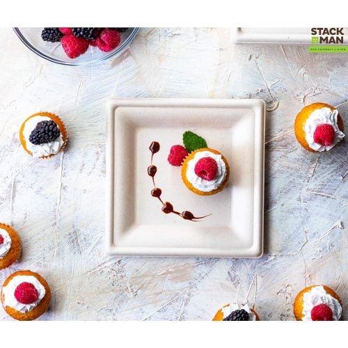  Stack Man 100% Compostable Square Paper Plates [6x6 inch - 50-Pack] Elegant Disposable Plates Heavy-Duty Quality, Natural Bagasse Unbleached, Eco-Friendly Made of Sugar Cane Fibers, 6 Biodeg