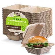 Stack Man 100% Compostable Clamshell Take Out Food Containers [6x6 50-Pack] Heavy-Duty Quality to go Containers, Natural Disposable Bagasse, Eco-Friendly Biodegradable Made of Sugar Cane Fib