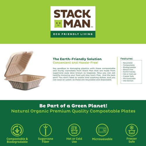  Stack Man 100% Compostable Clamshell Take Out Food Containers [6x6 50-Pack] Heavy-Duty Quality to go Containers, Natural Disposable Bagasse, Eco-Friendly Biodegradable Made of Sugar Cane Fib