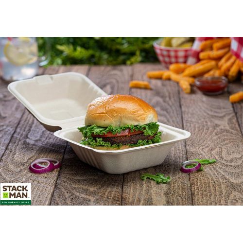  Stack Man 100% Compostable Clamshell Take Out Food Containers [6x6 50-Pack] Heavy-Duty Quality to go Containers, Natural Disposable Bagasse, Eco-Friendly Biodegradable Made of Sugar Cane Fib