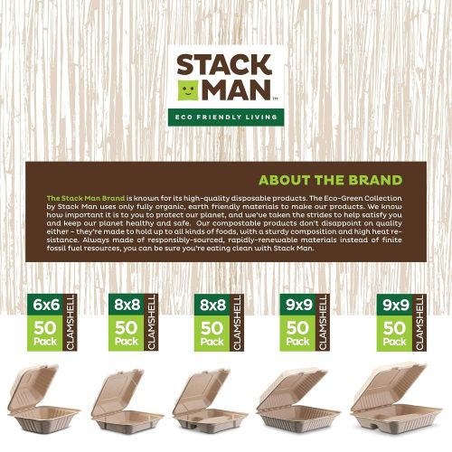  Stack Man 100% Compostable Clamshell Take Out Food Containers [6x6 50-Pack] Heavy-Duty Quality to go Containers, Natural Disposable Bagasse, Eco-Friendly Biodegradable Made of Sugar Cane Fib