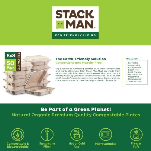  Stack Man 100% Compostable Clamshell Take Out Food Containers [8X8 3-Compartment 50-Pack] Heavy-Duty Quality to go Containers, Natural Disposable Bagasse, Eco-Friendly Biodegradable Made of