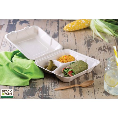  Stack Man 100% Compostable Clamshell Take Out Food Containers [8X8 3-Compartment 50-Pack] Heavy-Duty Quality to go Containers, Natural Disposable Bagasse, Eco-Friendly Biodegradable Made of