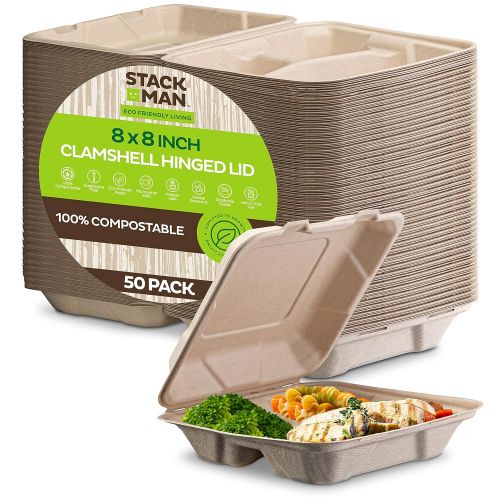  Stack Man 100% Compostable Clamshell Take Out Food Containers [8X8 3-Compartment 50-Pack] Heavy-Duty Quality to go Containers, Natural Disposable Bagasse, Eco-Friendly Biodegradable Made of