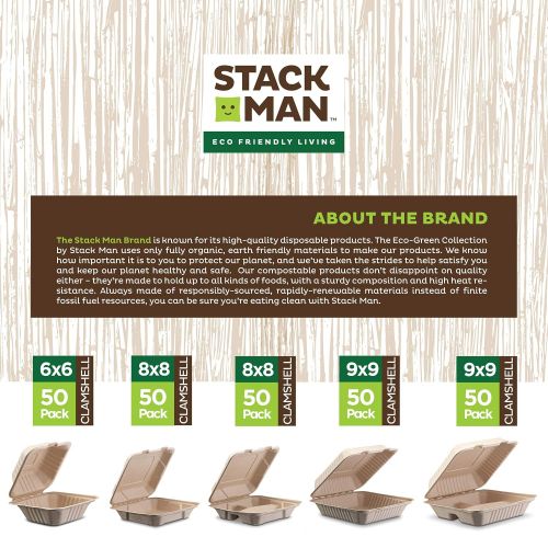  Stack Man 100% Compostable Clamshell Take Out Food Containers [8X8 3-Compartment 50-Pack] Heavy-Duty Quality to go Containers, Natural Disposable Bagasse, Eco-Friendly Biodegradable Made of