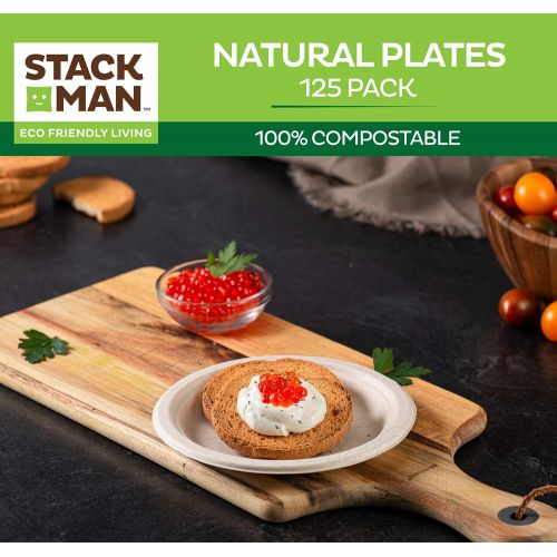  Stack Man 100% Compostable 7 Inch Paper Plates [125-Pack] Heavy-Duty Plate, Natural Disposable Bagasse Plate, Eco-Friendly Made of Sugarcane Fibers-Natural Unbleached Brown 7 Biodegradable P