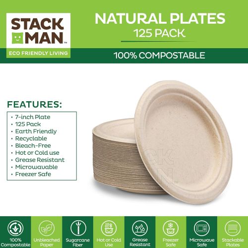  Stack Man 100% Compostable 7 Inch Paper Plates [125-Pack] Heavy-Duty Plate, Natural Disposable Bagasse Plate, Eco-Friendly Made of Sugarcane Fibers-Natural Unbleached Brown 7 Biodegradable P