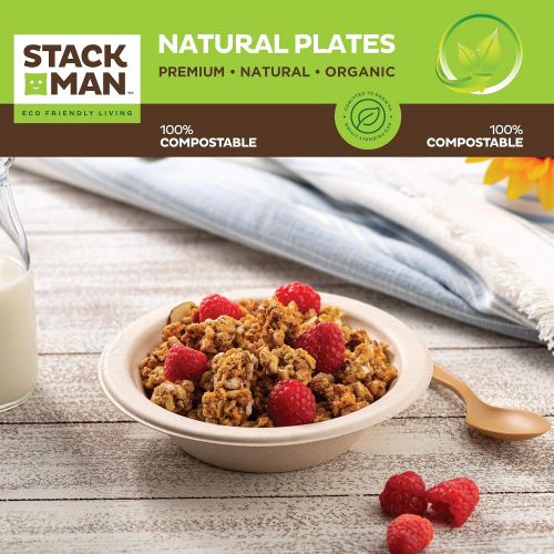  Stack Man 100% Compostable 7 Inch Paper Plates [125-Pack] Heavy-Duty Plate, Natural Disposable Bagasse Plate, Eco-Friendly Made of Sugarcane Fibers-Natural Unbleached Brown 7 Biodegradable P