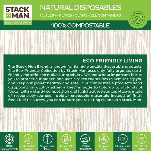  Stack Man 100% Compostable 7 Inch Paper Plates [125-Pack] Heavy-Duty Plate, Natural Disposable Bagasse Plate, Eco-Friendly Made of Sugarcane Fibers-Natural Unbleached Brown 7 Biodegradable P