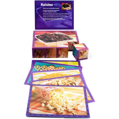  Stages Learning Materials Real Picture Snack Foods Wood Cube Puzzle Language Builder Preschool Puzzle 6 Puzzles in 1, 12 cubes, 6 Education Fact Cards