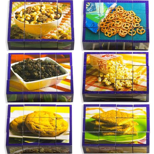  Stages Learning Materials Real Picture Snack Foods Wood Cube Puzzle Language Builder Preschool Puzzle 6 Puzzles in 1, 12 cubes, 6 Education Fact Cards