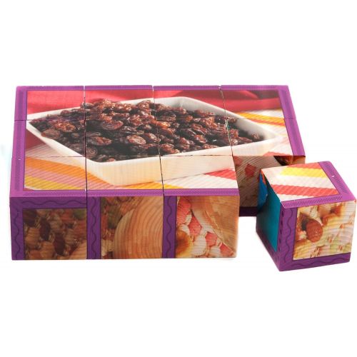  Stages Learning Materials Real Picture Snack Foods Wood Cube Puzzle Language Builder Preschool Puzzle 6 Puzzles in 1, 12 cubes, 6 Education Fact Cards