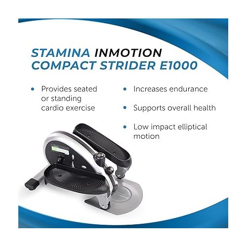  Stamina Inmotion E1000 Compact Strider - Seated Elliptical with Smart Workout App - Foot Pedal Exerciser for Home Workout - Up to 250 lbs Weight Capacity