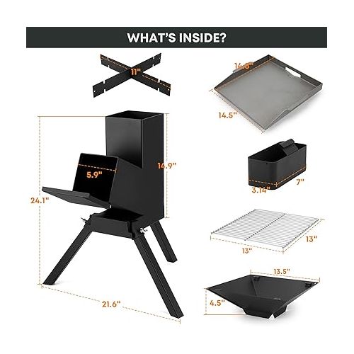  Stanbroil Large 3 in 1 Rocket Stove with Grill Rack, Griddle and Pot Cooking Stand, Heavy Duty Wood Burning Stove for Cooking, Camping wood Stove Kit for Off-Grid Supply, Outdoor Backyard Cooking