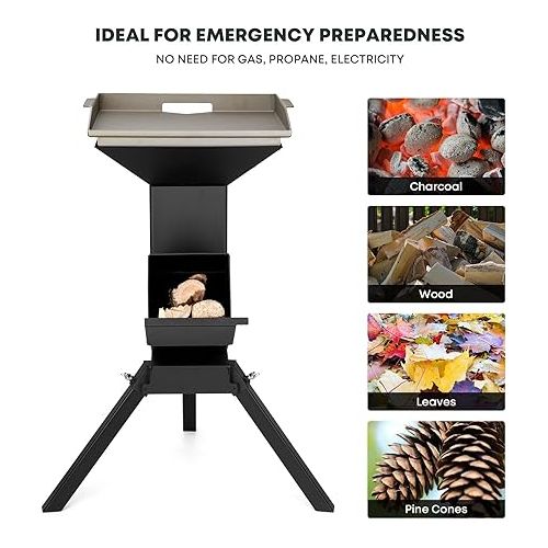  Stanbroil Large 3 in 1 Rocket Stove with Grill Rack, Griddle and Pot Cooking Stand, Heavy Duty Wood Burning Stove for Cooking, Camping wood Stove Kit for Off-Grid Supply, Outdoor Backyard Cooking