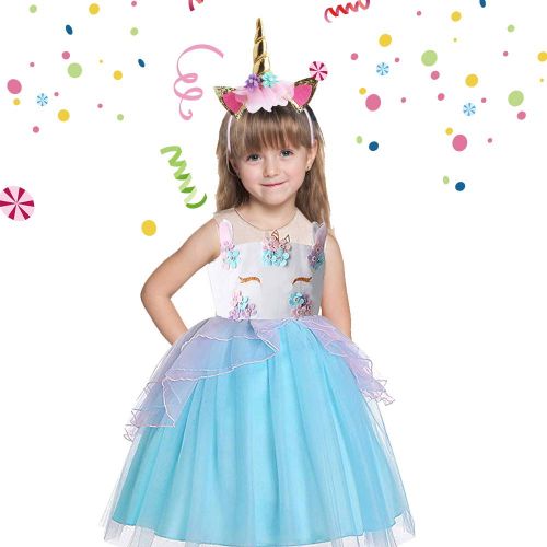  Standie Costume Dress for Unicorn Girls Kids Brithday Party Costume Pageant Princess Dress with Headband Sock