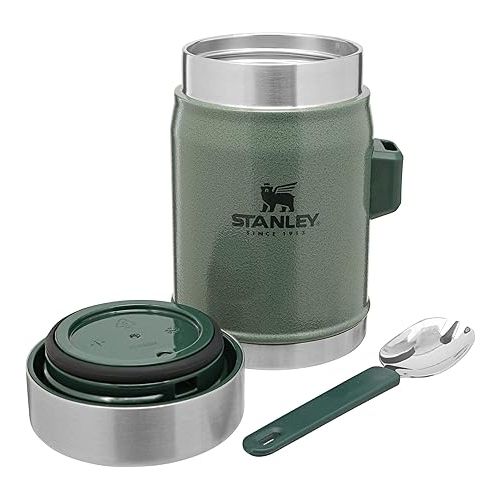 스텐리 Stanley Classic Legendary Food Jar 0.4L with Spork - Keeps Cold or Hot For 7 Hours - BPA-Free Stainless Steel Soup Flask - Leakproof - Dishwasher Safe - Hammertone Green