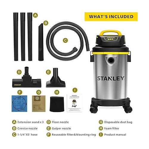 스텐리 Stanley SL18129 Wet/Dry Vacuum, 4 Gallon, 4 Peak HP, Stainless Steel Tank with Top Handle, 3-in-1 Shop Vacuum Cleaner with Blower for Home, Garage, Car, Workshop, Pet Hair, Silver+Yellow+Black