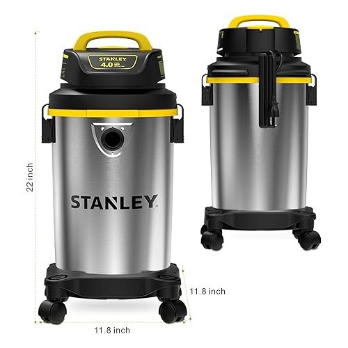 스텐리 Stanley SL18129 Wet/Dry Vacuum, 4 Gallon, 4 Peak HP, Stainless Steel Tank with Top Handle, 3-in-1 Shop Vacuum Cleaner with Blower for Home, Garage, Car, Workshop, Pet Hair, Silver+Yellow+Black