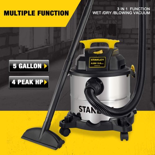 스텐리 Stanley 5 Gallon Wet Dry Vacuum, 4 Peak HP Stainless Steel 3 in 1 Shop Vac Blower with Powerful Suction, Multifunctional Shop Vacuum W/ 4 Horsepower Motor for Job Site,Garage,Basem