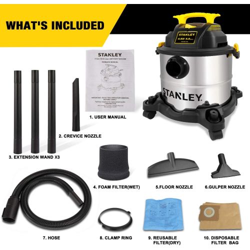 스텐리 Stanley 5 Gallon Wet Dry Vacuum, 4 Peak HP Stainless Steel 3 in 1 Shop Vac Blower with Powerful Suction, Multifunctional Shop Vacuum W/ 4 Horsepower Motor for Job Site,Garage,Basem