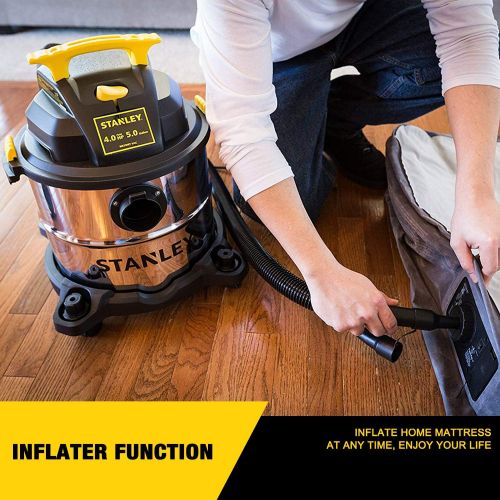 스텐리 Stanley 5 Gallon Wet Dry Vacuum, 4 Peak HP Stainless Steel 3 in 1 Shop Vac Blower with Powerful Suction, Multifunctional Shop Vacuum W/ 4 Horsepower Motor for Job Site,Garage,Basem