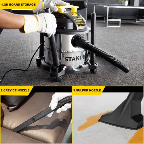 스텐리 Stanley 5 Gallon Wet Dry Vacuum, 4 Peak HP Stainless Steel 3 in 1 Shop Vac Blower with Powerful Suction, Multifunctional Shop Vacuum W/ 4 Horsepower Motor for Job Site,Garage,Basem