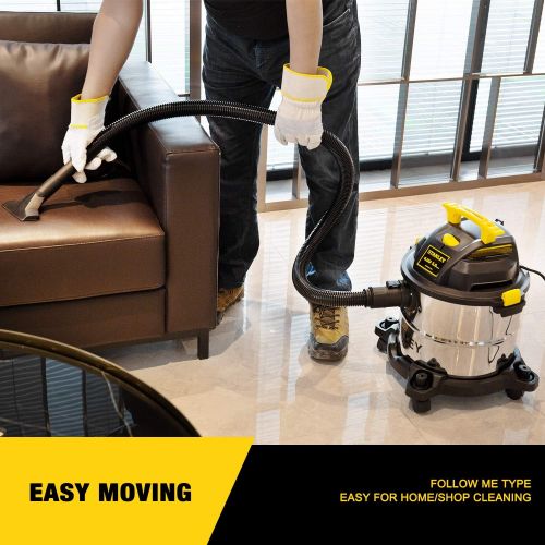 스텐리 Stanley 5 Gallon Wet Dry Vacuum, 4 Peak HP Stainless Steel 3 in 1 Shop Vac Blower with Powerful Suction, Multifunctional Shop Vacuum W/ 4 Horsepower Motor for Job Site,Garage,Basem