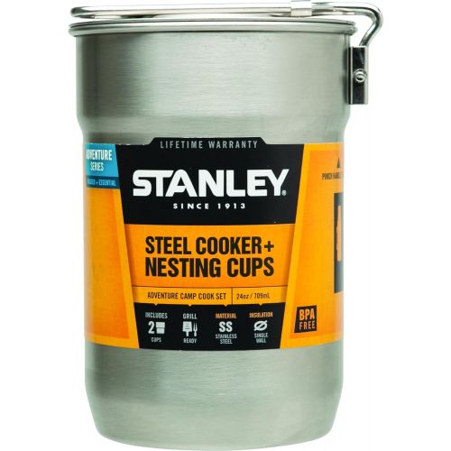 스텐리 Stanley Adventure Camp Cook Set - 24oz Kettle with 2 Ceramic Cups - Stainless Steel Camping Cookware with Vented Lids & Foldable + Locking Handle - Lightweight Cook Pot for Backpac