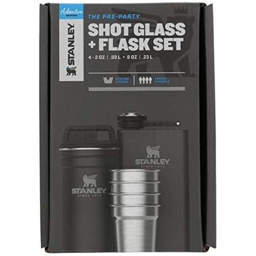 스텐리 Stanley Stainless Steel Shot Glass and Flast Gift Set. Outdoor Adventure Pack with 4 metal shot glasses, 8oz whiskey flask, and travel carry case