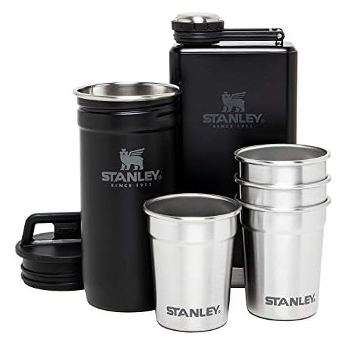 스텐리 Stanley Stainless Steel Shot Glass and Flast Gift Set. Outdoor Adventure Pack with 4 metal shot glasses, 8oz whiskey flask, and travel carry case