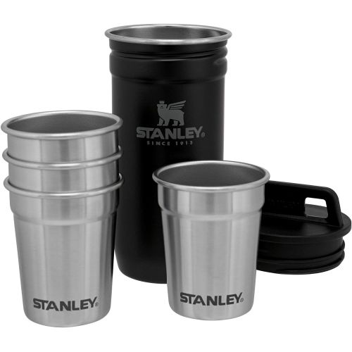 스텐리 Stanley Stainless Steel Shot Glass and Flast Gift Set. Outdoor Adventure Pack with 4 metal shot glasses, 8oz whiskey flask, and travel carry case