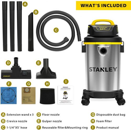 스텐리 Stanley Wet/Dry Vacuum, 4 Gallon, 4 Horsepower, Stainless Steel Tank