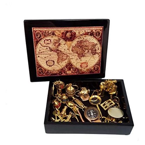 스텐리 Stanley London 14-Piece Nautical Brass Keychain Set in Old World Map Gift Box